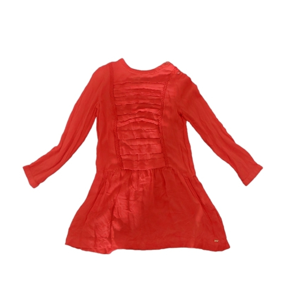TOMMY HILFIGER Girls Coral-Red Ruffle Front Dress Size 10 Braided Detail